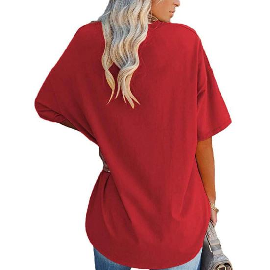 Tričko s výstřihem do V, krátký rukáv, prodyšné, dámské, jednobarevný, volný svetr, streetwear