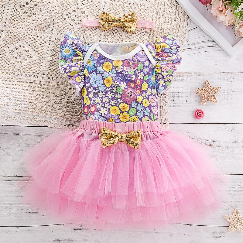 

Детская одежда для девочек с симпатичным принтом цветов, с рукавами-крылышками, для парикмахера, с бантом, для девочек, с аксессуарами для волос, милый комплект с юбкой 12-18M розовый