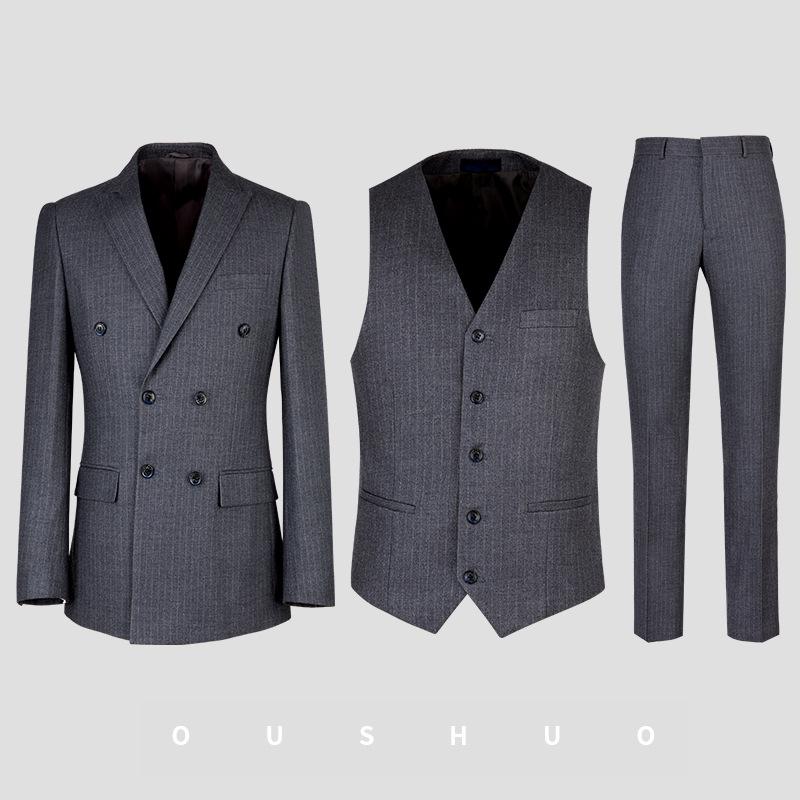 Men's Slim Fit Double-Breasted Gray Striped Suit - British Style Business Casual/Formal Tuxedo for Groom or Wedding.