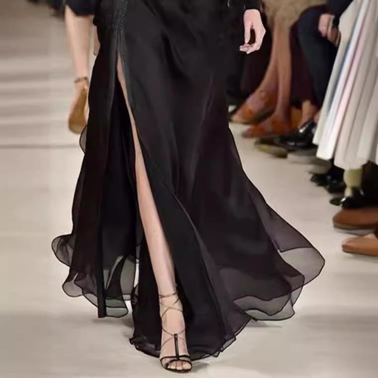In-Stock Women s 2024 Luxury Chiffon High-Waisted Slit Layered Skirt Small