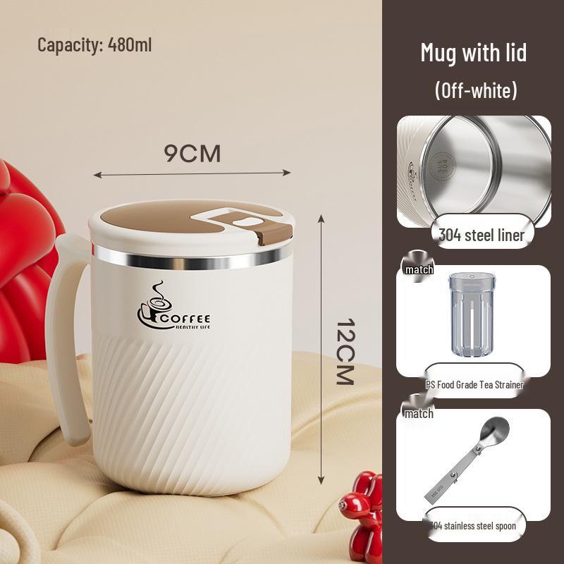 Portable Stainless Steel Mug with Lid, Spoon & Tea Infuser - Multi-Purpose Cup for Tea, Coffee, Milk, or Water.
