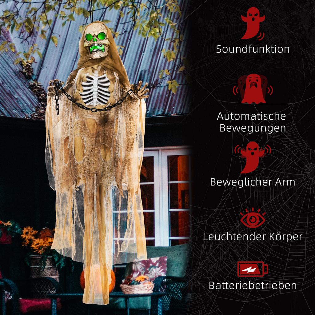 6' Hanging Skeleton Ghost Halloween Animatronic, with Glowing Eyes and Chest