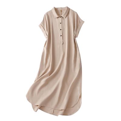 2025 Summer New Women's Clothing Loose Linen Front Short Rear Long Straight Skirt Polo Neck Cotton and Linen Dress Women
