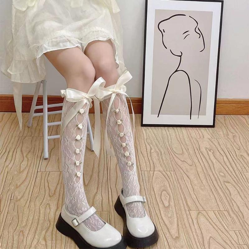 Women Sexy Lace Mesh White Black Fishnet Knee High Long Socks Lingerie Cute Gothic Style Ruffles Hollow Bow JK Lolita Stockings