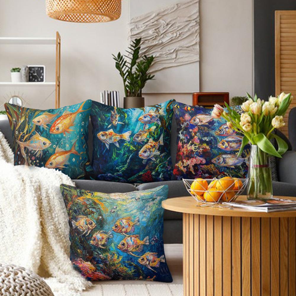 Summer Ocean Fish Print Pillowcase Sofa Living Room Polyester Pillowcase Pillowcase Home