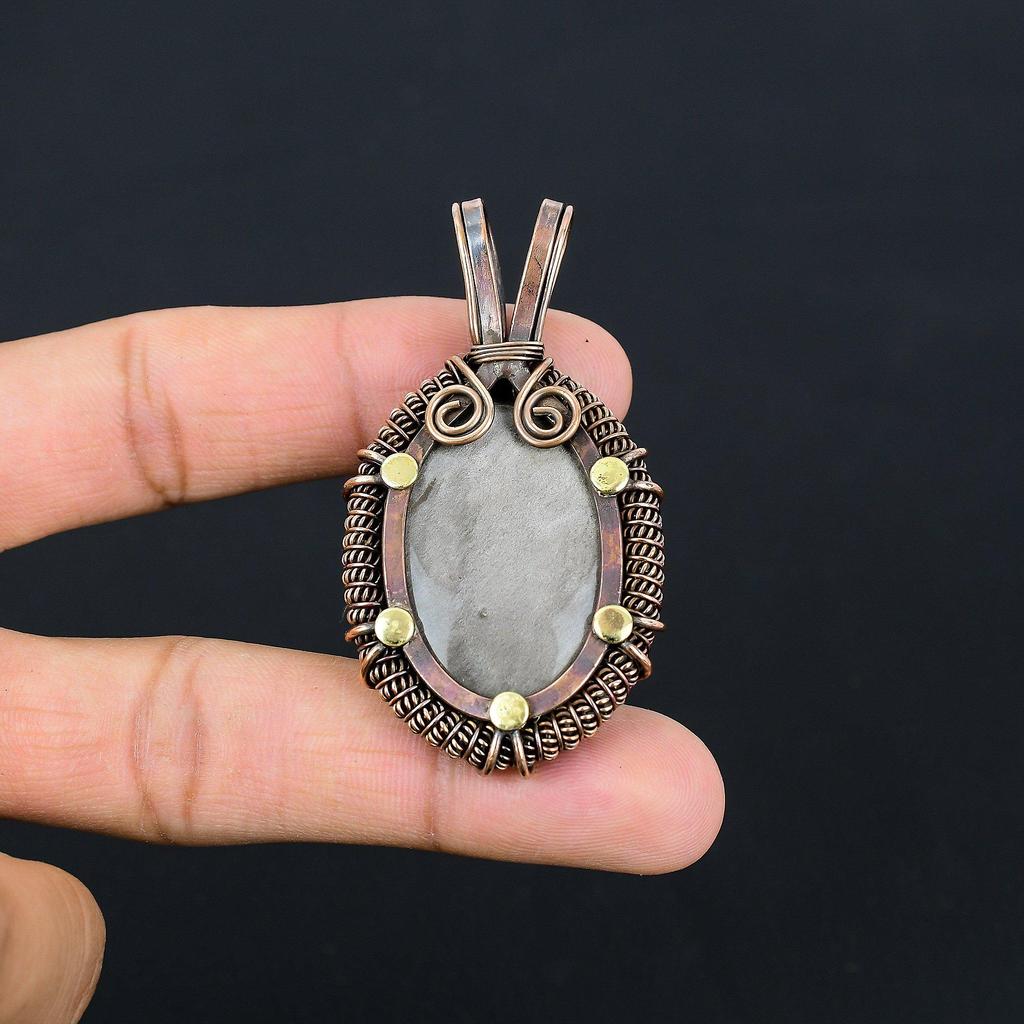Silver Sheen Obsidian Gemstone Pure Copper Wire Wrapped Handmade Pendant Jewelry