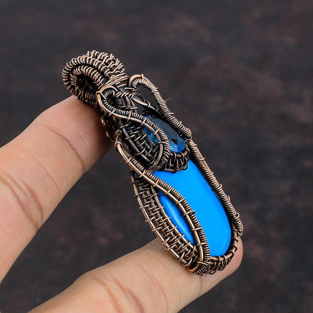 Sleeping Beauty Turquoise Pendant Copper Wire Wrapped Pendant Swiss Blue Topaz Pendant Handmade Copper Jewelry Gemstone Pendant Gift For Him