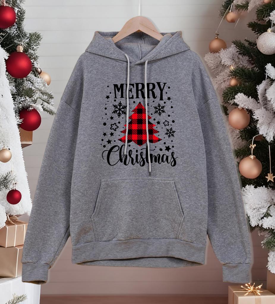 Merry Christmas Red Grid Tree Printing Hoodies Mens All-Match Casual Hoody Pocket Fleece Streetwear Comfortable Male Pullover