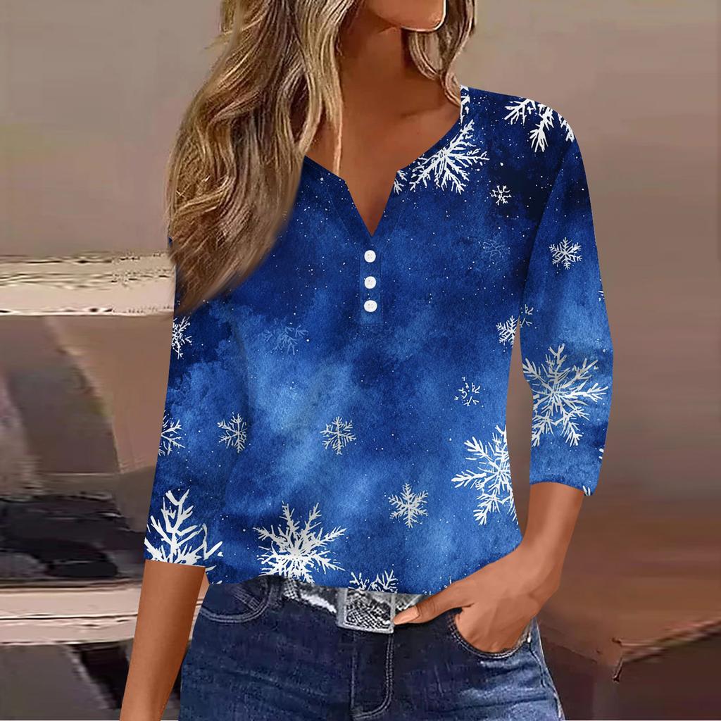 Women's Fashion Casual Christmas Tree Print V-Neck Decorative Button Three-Quarter Sleeve T-Shirt Top