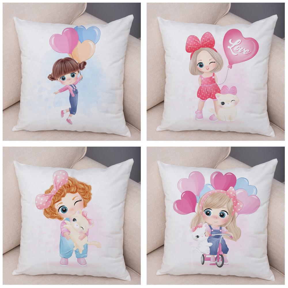 Lovely Girl and Cat Pillowcase Decor Cute Cartoon Child Cushion Cover Pillow Case for Children Room Sofa Home Car 45x45cm