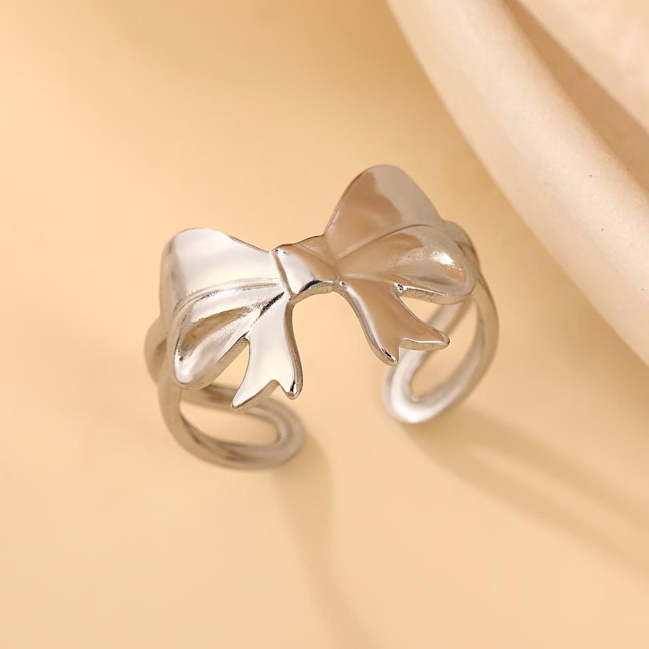 

Sweet Bowknot Open Ring Stainless Steel Gold Color Women Trendy Bow Rings Zircon Birthday Gift Wholesale Open