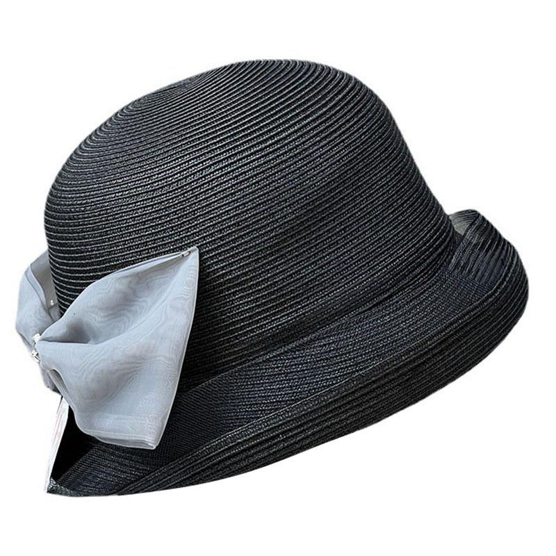French Elegant Hepburn Style Bow Veil Curved Edge Bucket Hat Women'S Summer Straw Hat Sun Protection Face Visor