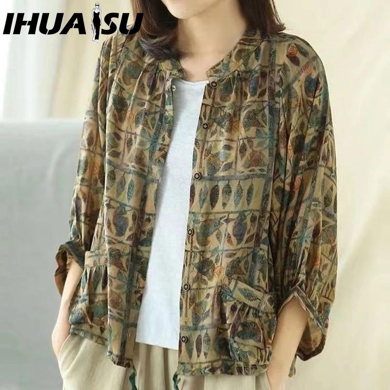 IHUASU Cotton Linen Women Shirt Vintage Oversized Blouses Floral Print Harajuku Raglan Sleeve Casual Loose Female Button Down Shirts Tops