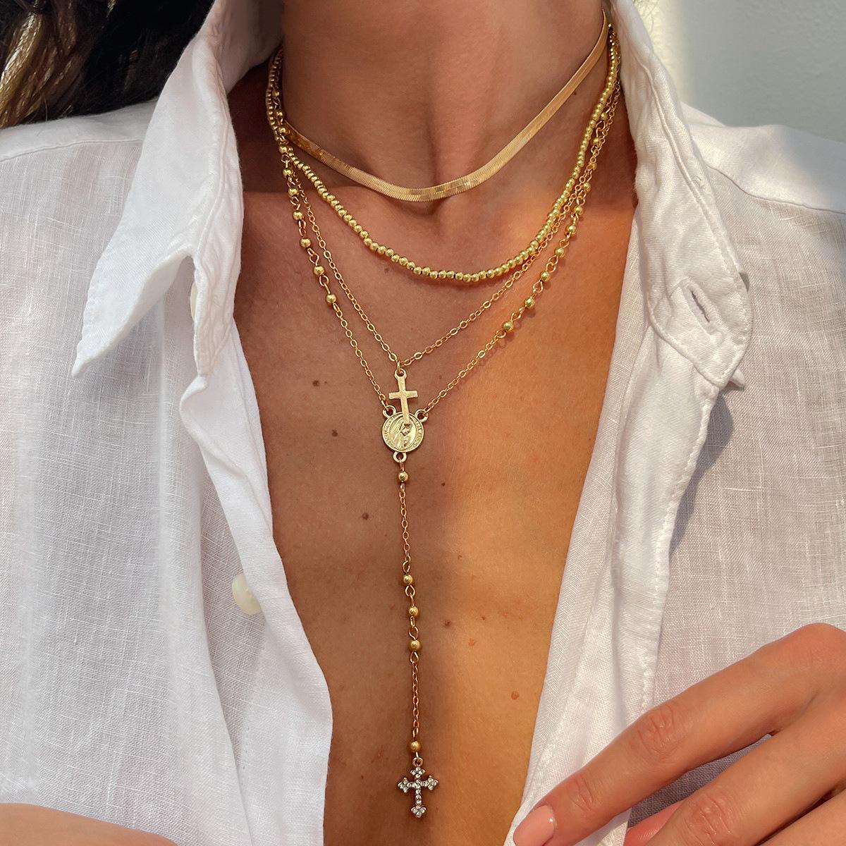 

New Multilayer Metal Beaded Cross Necklace for Women Boho Long Y-shaped Chain Rhinestone Pendant Necklaces Chokers Zircon Gifts