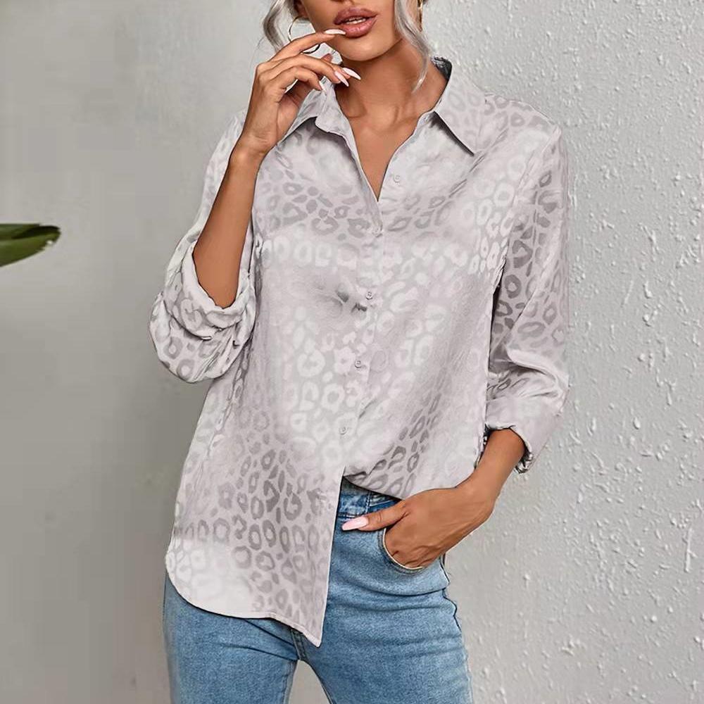 QICED Women's Spring Summer Lapel Open Button Leopard Print Jacquard Shirt Temperament Commuter Long Sleeve Shirt