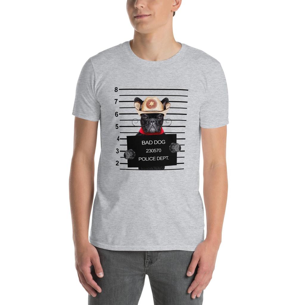 Bad Dog Mugshot Funny Beautiful ( Cute Cowboy Frenchie ) Dog Lover Short-Sleeve Unisex T-shirt Mens Kids Womens