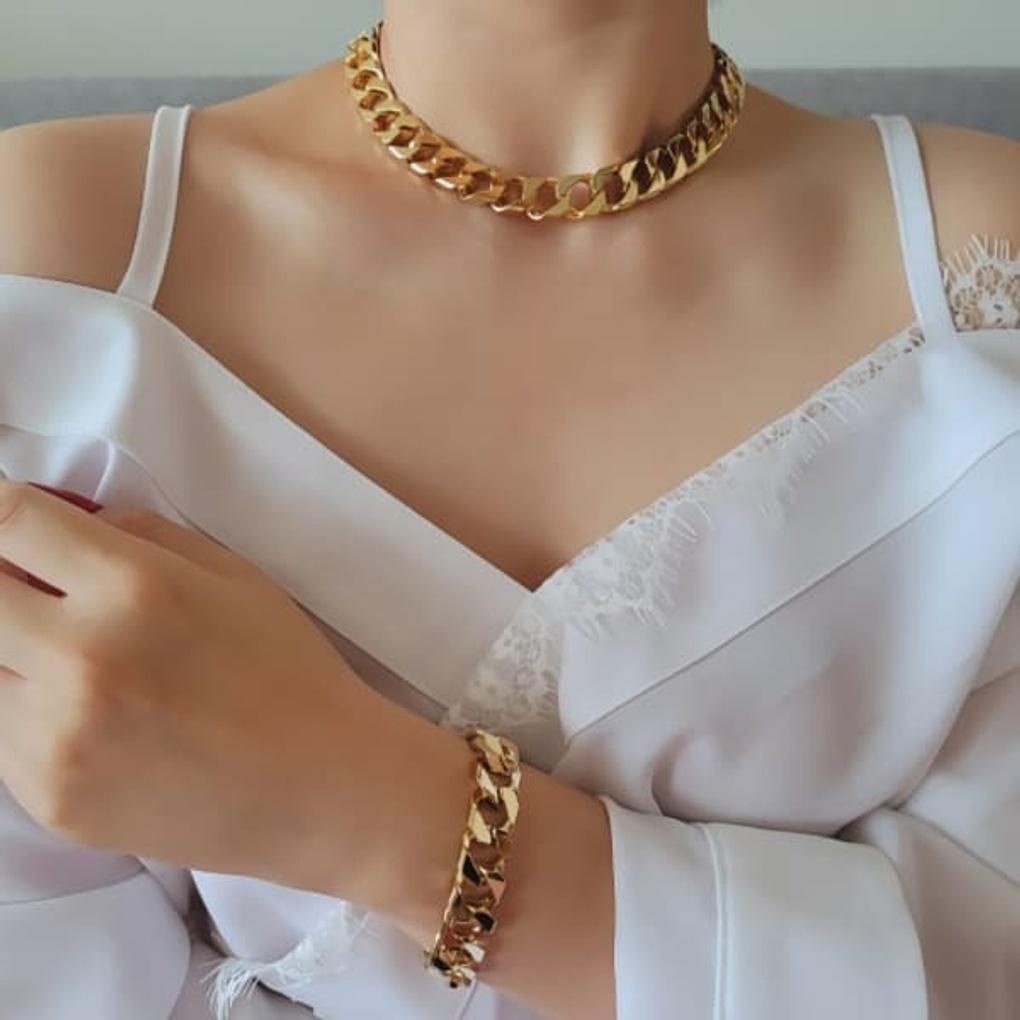 Women's 15K Gold Plated Flat Thick Chain Layered Necklace