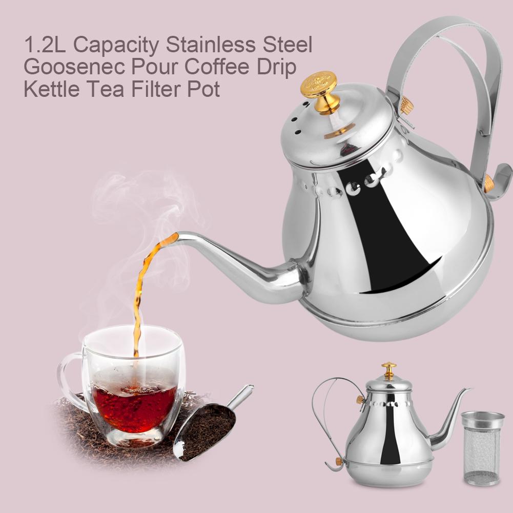 Stainless Steel Gooseneck Pour Over Coffee Drip Kettle, 1.2L Coffee Pot Tea Filter Pot Filter Ergonomic Handle Comfortable Grip for Hotels Restaurants