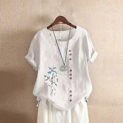 2025 Summer Retro Plus Size Casual Loose Cotton Linen Short Sleeve Pullover T-Shirt for Women