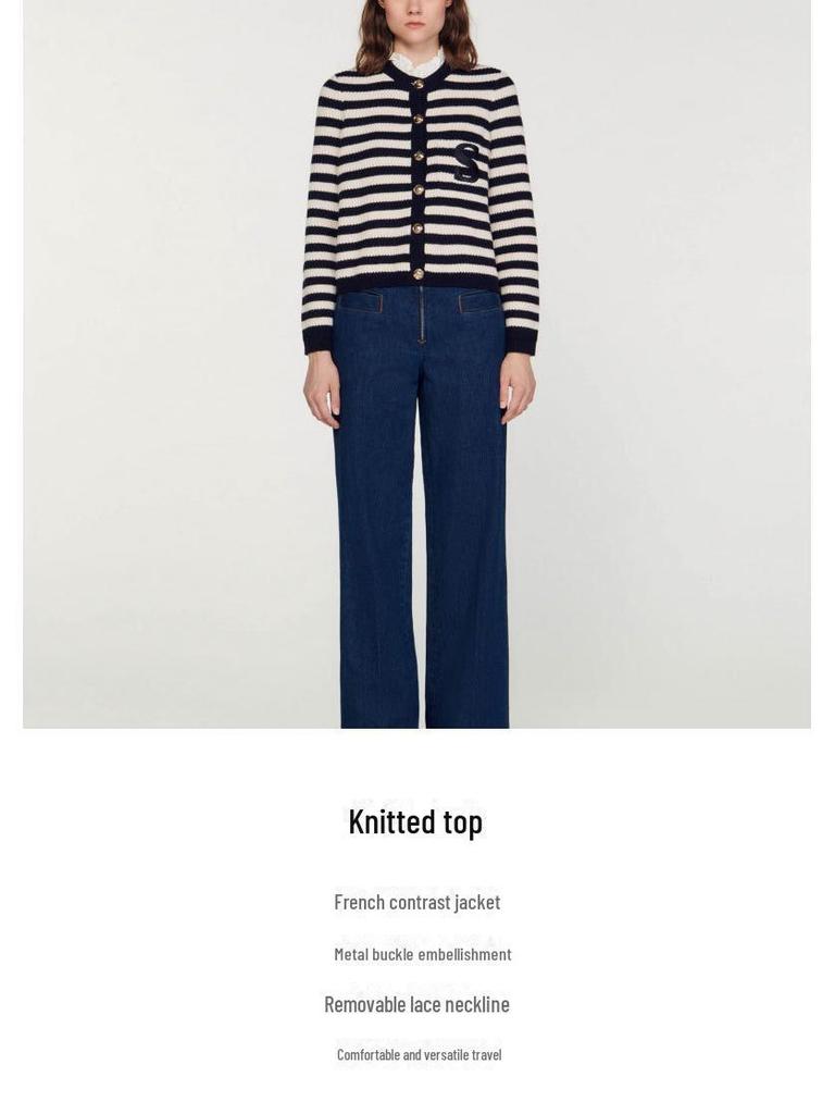 2023 Herbst/Winter Damen Gestreifte Strickjacke - Lotusblattkragen, Eleganter Wollpullover mit kleinem Duft