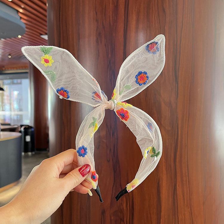 Bandă de păr de vară cu fundă și plasă, brodată cu margarete pentru fete