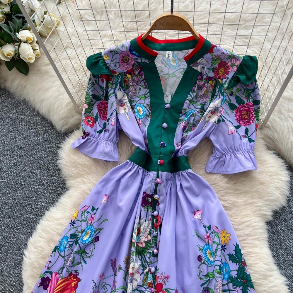 Summer Women Vintage Print Runway Dresses V-neck Single Breasted Mini Short Party Dress