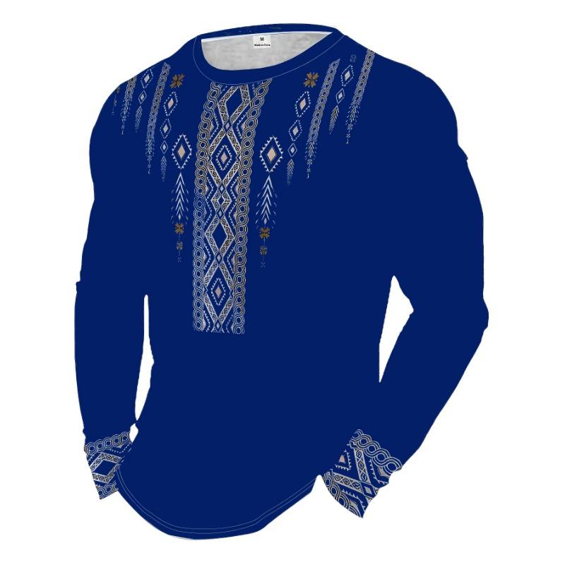 Tribal Print Long Sleeve T-Shirt - Fashion Round Neck Geometric Mosaic Design, Suitable for Casual Outings and Autumn/Winter Wear