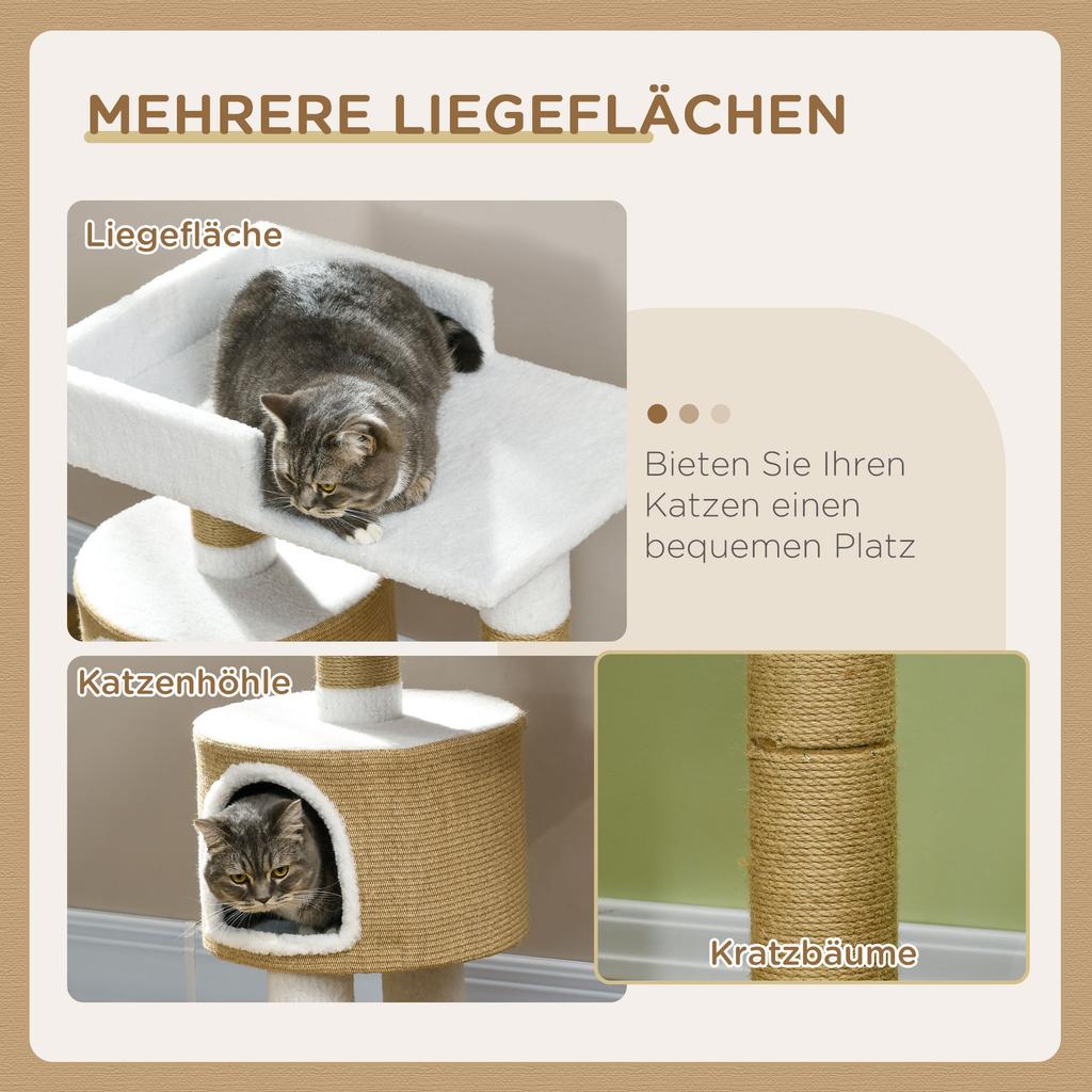 Scratching Post Cat Tree Cat Cave, 1 Cat Cave, 1 Lying Area, 70 cm x 49 cm x 79 cm, Natural + White