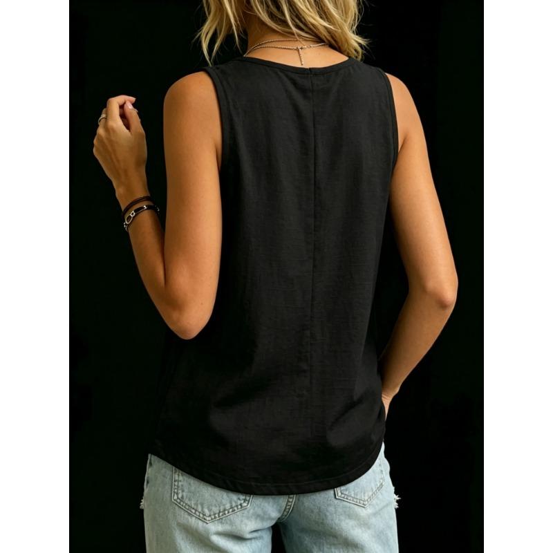 Fashion Loose Women Solid Color Irregular Sleeveless Round Neck Tank Top