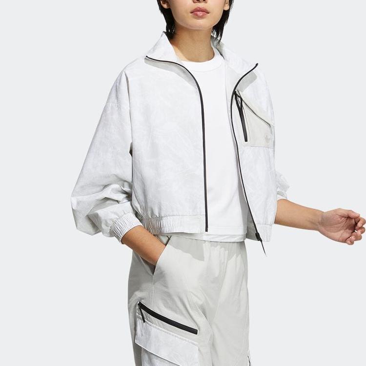 Adidas Originals Three Stripes Patch Pocket Stand Collar Front Zip Sports Jacket Women Jacket Gray HS9507