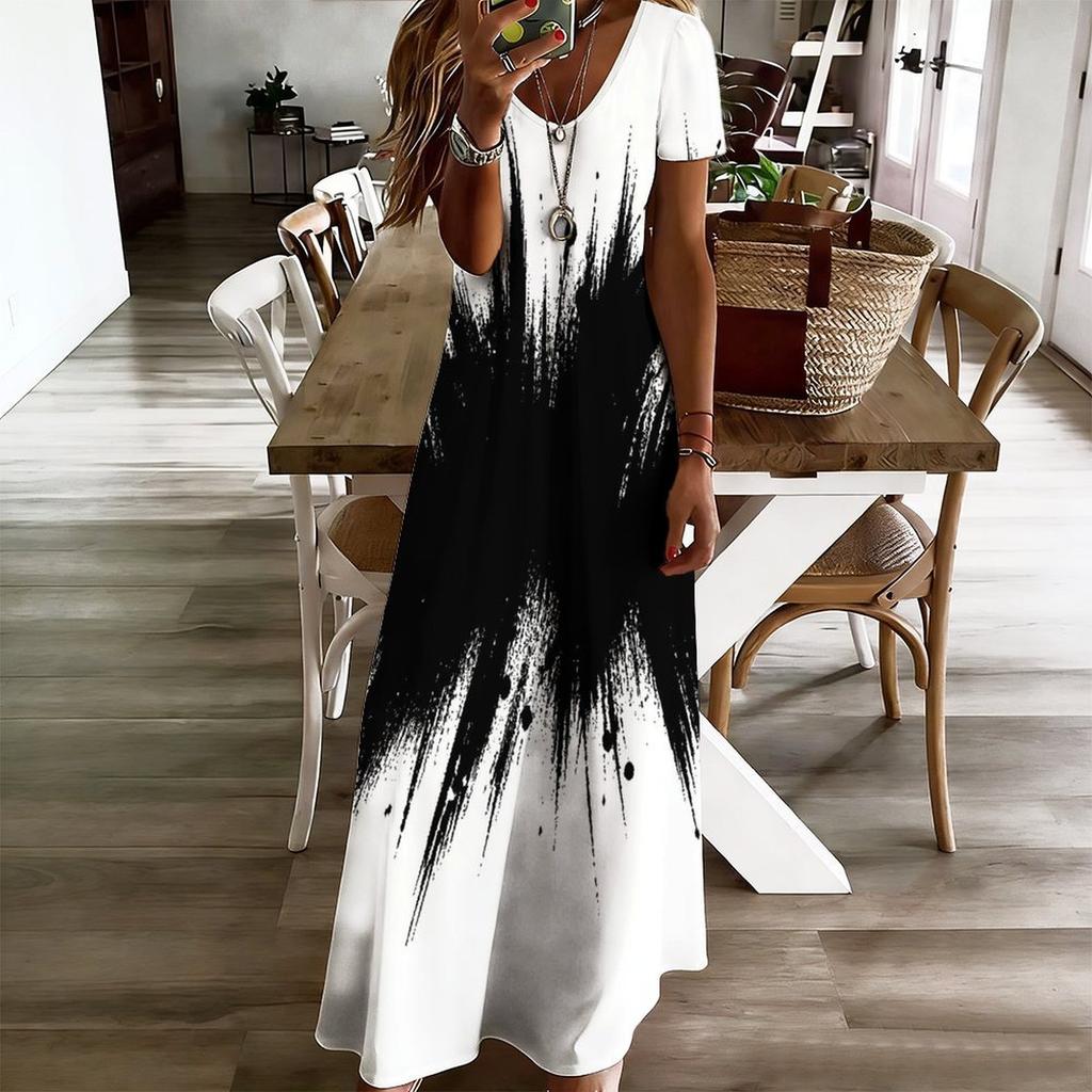 Women Plus Size V Neck Short Sleeve Black White Printed Straight Maxi Dress