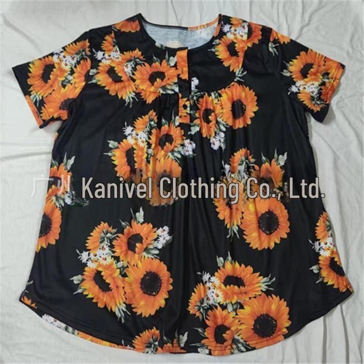 Women Summer Casual Floral Print Short Sleeve Henry Shirt