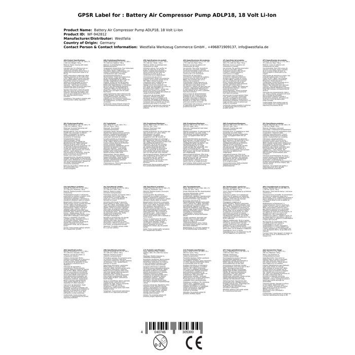 Cordless air pump ADLP18, 18 Volt Li-Ion