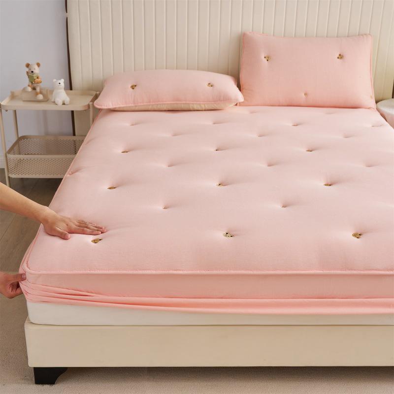 Washed Cotton Quilted Fitted Sheet - Solid Color, Full Wrap, Protective Cover for Home & Dormitory