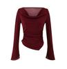 One-word Shoulder Swing Collar Long-sleeved T-shirt Women's Summer New American Solid Color Spice Girl Irregular Base Outer Top