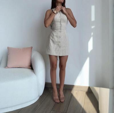 In Stock: 2025 Summer Women's Solid Color Button Tie Waist Short Skirt Dress