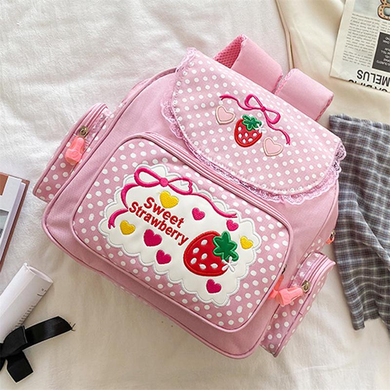Mochila Escolar Kawaii para Crianças Bordado de Morango Fofo Mochila de Estudante Bolinhas Múltiplos Bolsos Nylon Moda Faculdade Para Menina Adolescente