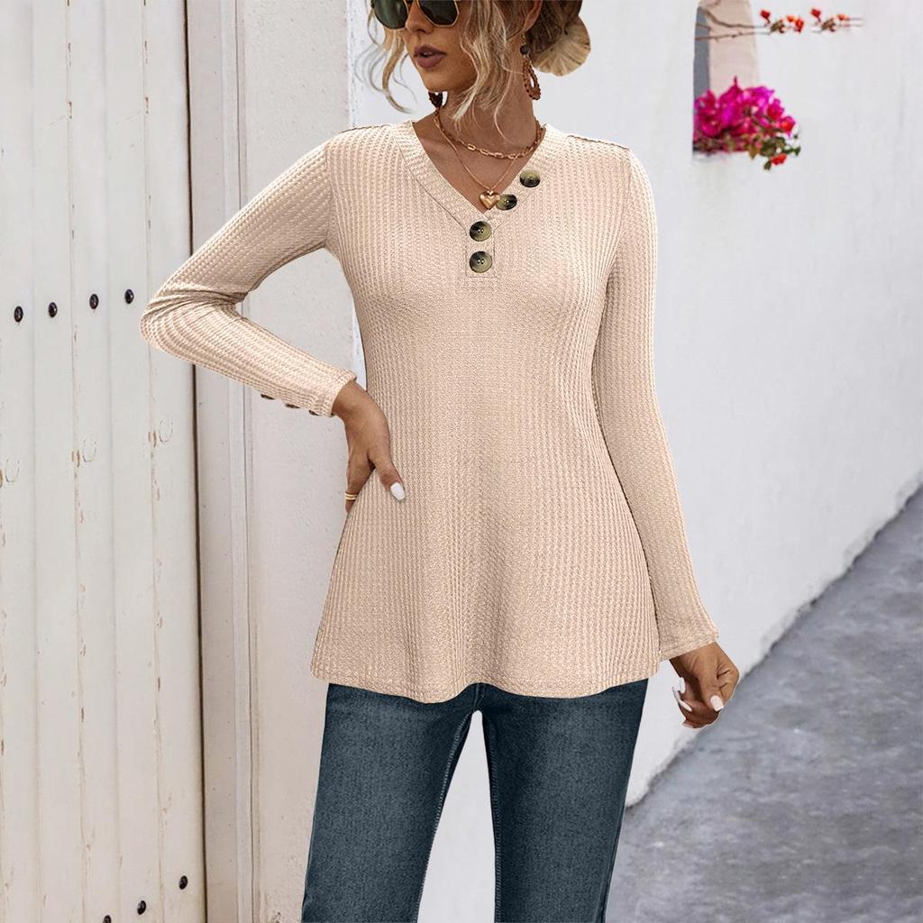 2024 Sonbahar Kadın Düz Renk Waffle Düğmeli Üst - Avrupa & Amerikan Stili