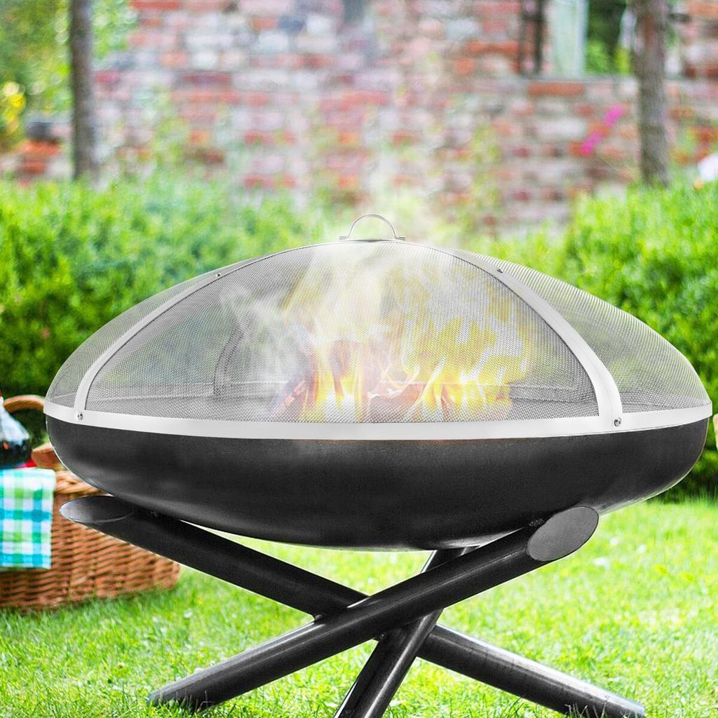 Fire Pit Spark Screen Round 40", Reinforced Heavy Duty Steel Metal Cover, Outdoor Firepit Lid, Easy-Opening Top Screen Covers Round with Ring Handle