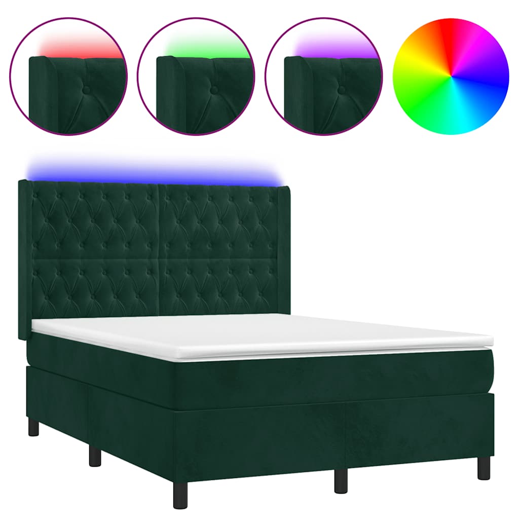 Box Spring Bed with Mattress & LED Lights Dark Green 140 x 190 cm Velvet