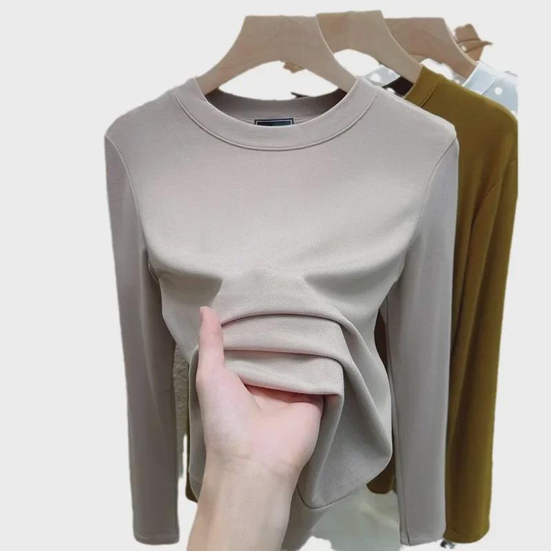 2025 Women's Stretch Cotton Long Sleeve T-shirt, Solid Color, Round Neck, Korean Style Top