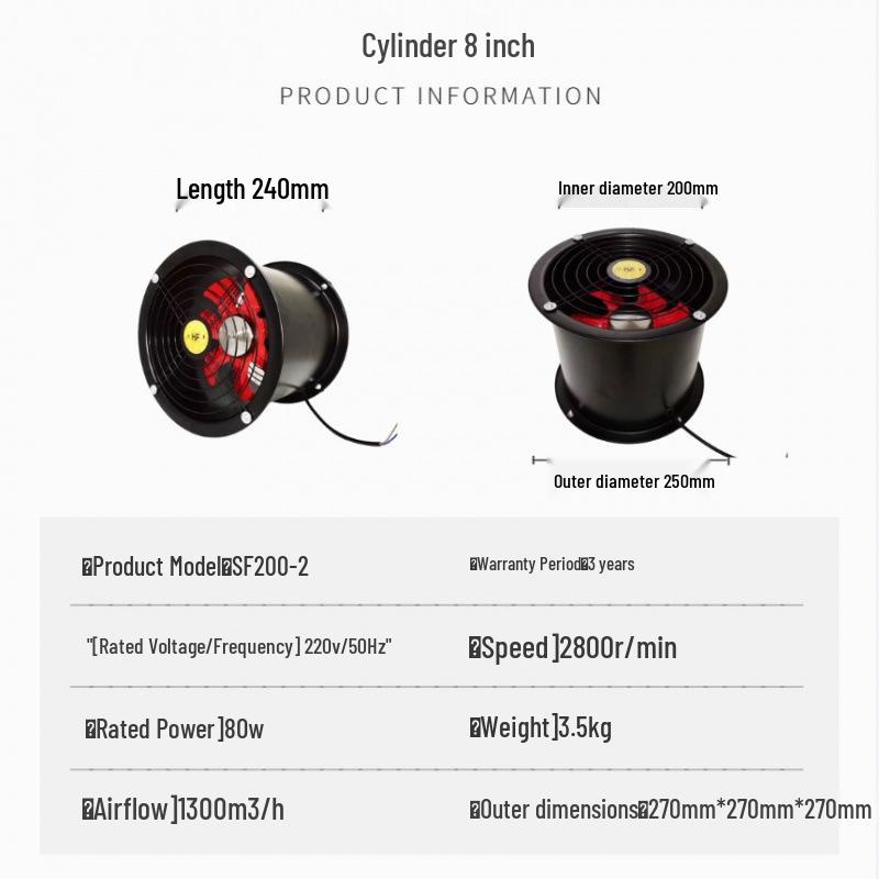 

Industrial Wall-Mounted Cylindrical Axial Fan: 8 to 16-Inch High Airflow Kitchen Ventilator 10-inch