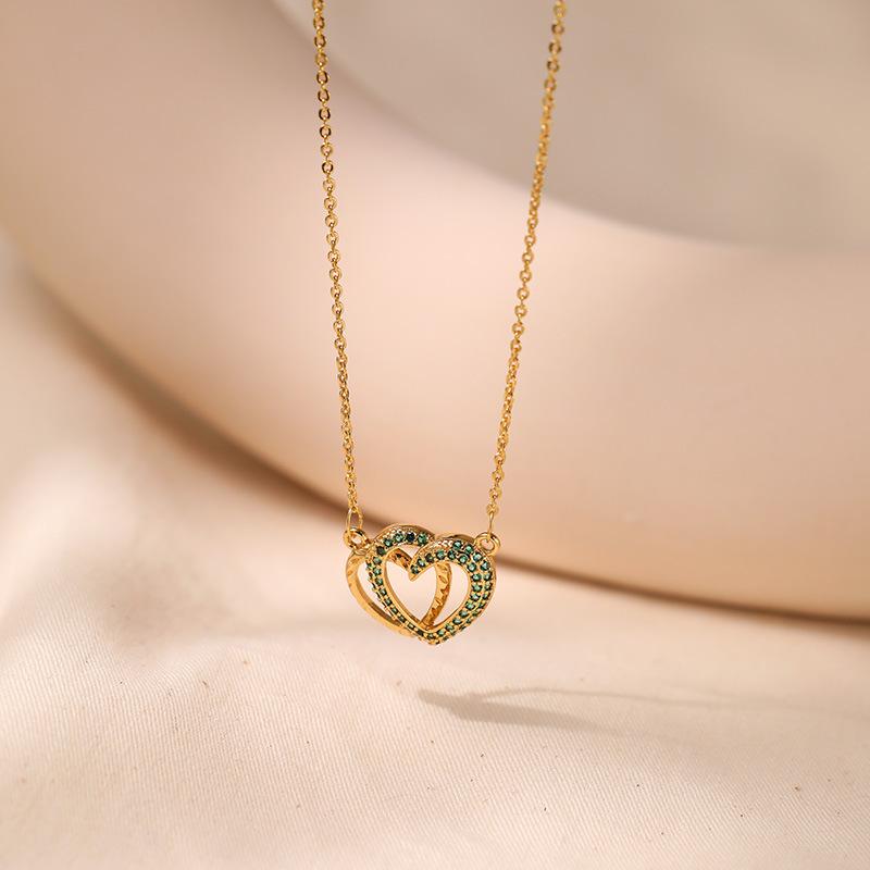 Women Fashion 18k Gold Plated Interlocking Double Heart Zircon O Chain Necklace зелёный