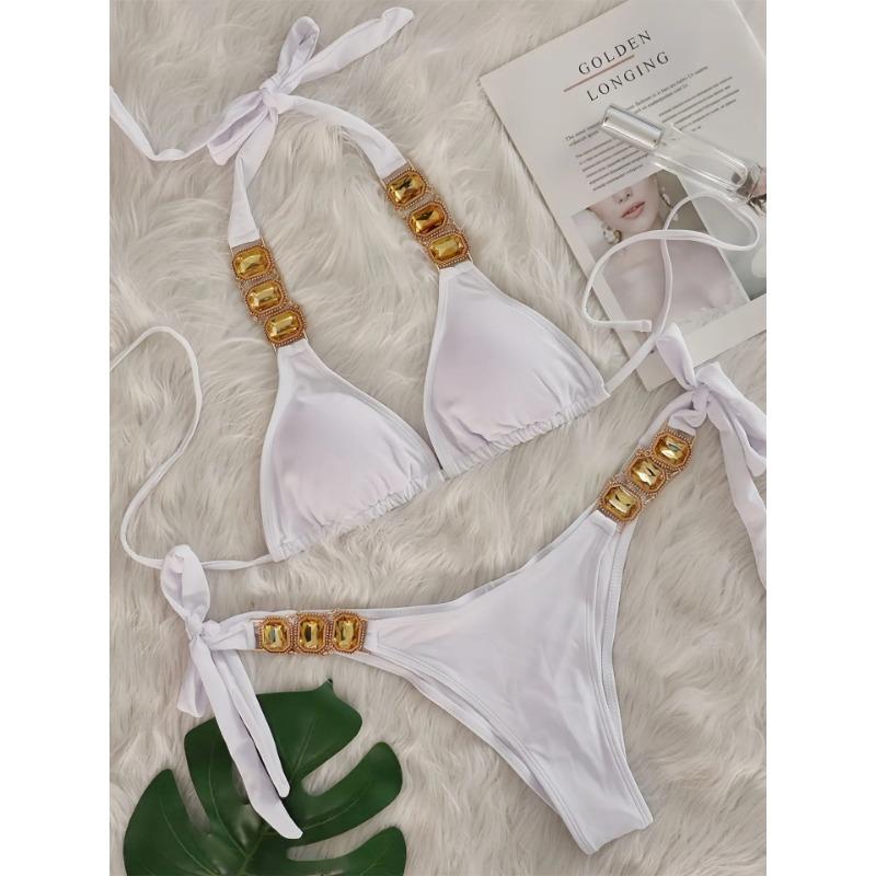 Sexy Rhinestone Bikini Set Women 2025 Luxury Pink Crystal Diamond Push Up Bandage Thong Swimsuit Beach Bathing Suit Swimwear