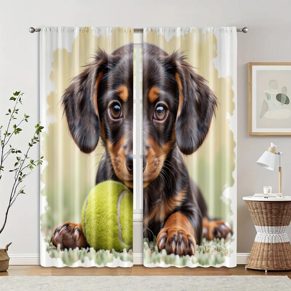 

2 pcs, filtering curtains (excluding rods, non-movable, without batteries) Puppy playing with ball for use in bedrooms and 29x65in(75x166cm)