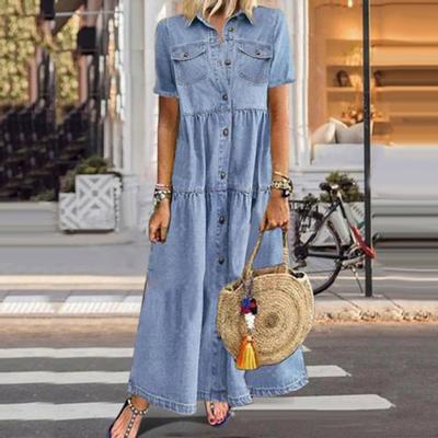 Leisure Dress Turn Down Collar Single-breasted Short Sleeve Women Retro Long Loose
