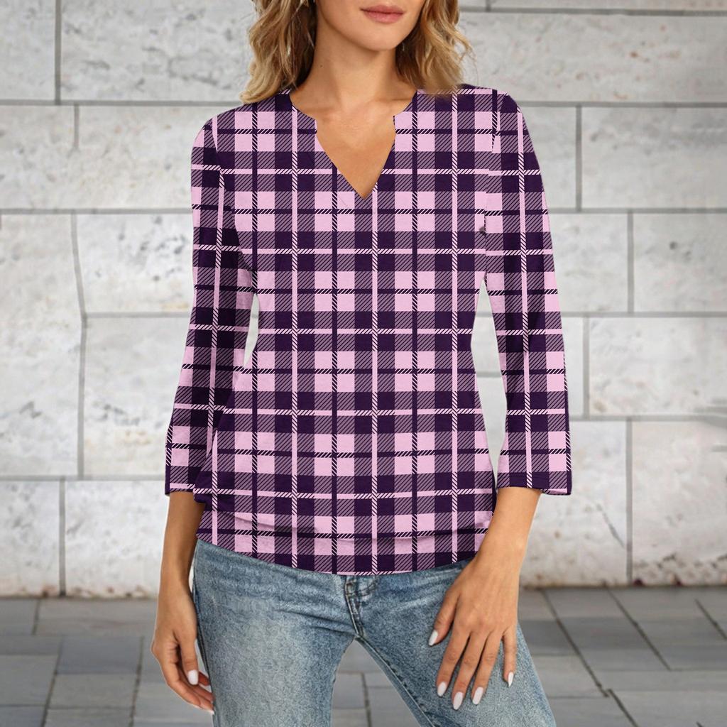 Women's 3/4 Sleeve Top Neck Hem V,Neck Summer Casual ,Shirt Plaid Printed Top