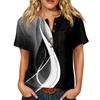 Women’s Fashion Printed Henley Button Neck Short Sleeve Cotton Linen Shirt with Chest Pocket and Modern Abstract Pattern