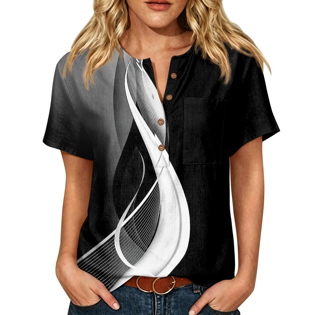 Women’s Fashion Printed Henley Button Neck Short Sleeve Cotton Linen Shirt with Chest Pocket and Modern Abstract Pattern