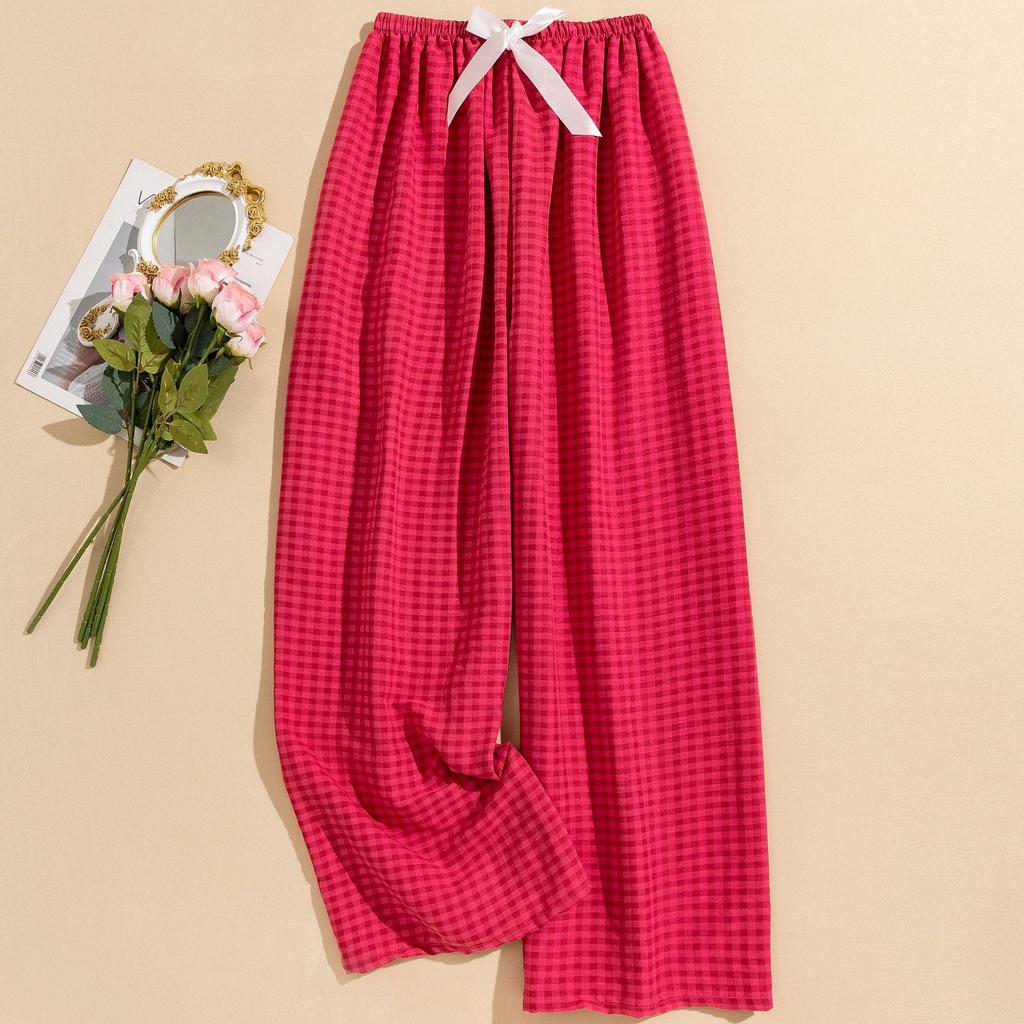 Women's Summer Plaid Wide-Leg Cotton Pajama Pants - Yarn-Dyed, Plus Size, Suitable for Outdoor Wear